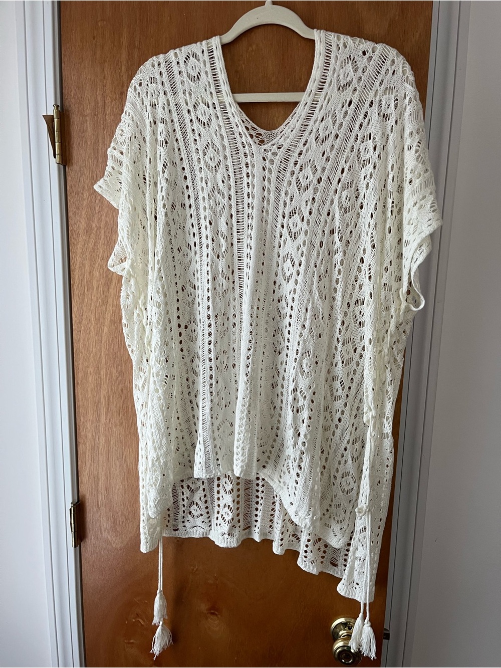 Crochet Knit Poncho Cover-Up in white with lace up side Tassels